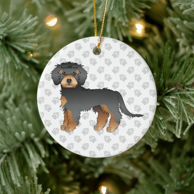 Black and Tan Mini Goldendoodle Cartoon Dog & Text Keramik Ornament (Baum)