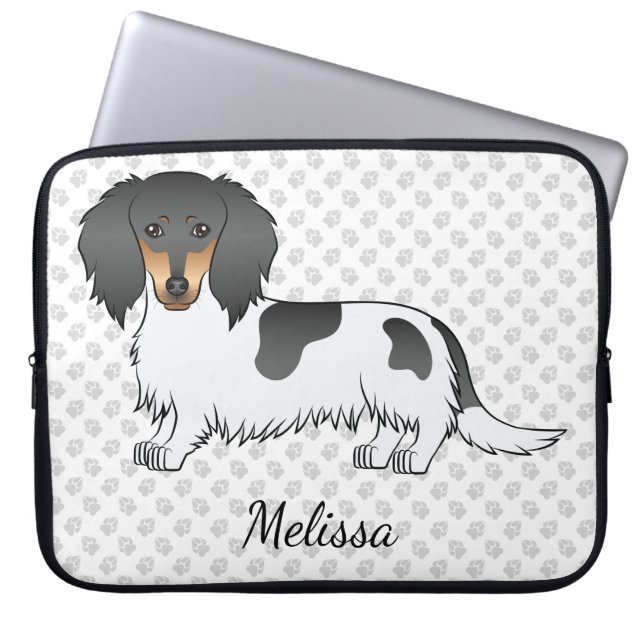 Black and Tan Piebald Long Hair Dackel & Name Laptopschutzhülle (Vorderseite)