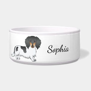 Black and Tan Piebald Long Hair Dackel & Name Napf