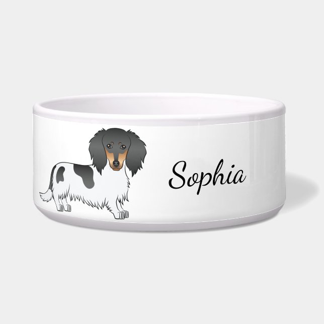 Black and Tan Piebald Long Hair Dackel & Name Napf (Vorderseite)