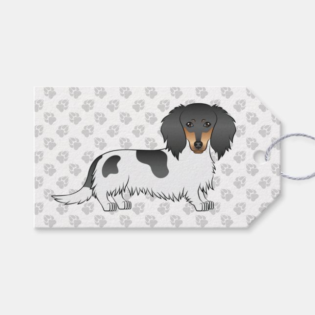 Black and Tan Piebald Long Hair Dackel & Paws Geschenkanhänger (Vorderseite (Horizontal))