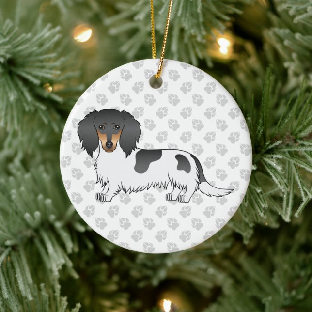 Black and Tan Piebald Long Hair Dackel & Text Keramik Ornament (Baum)