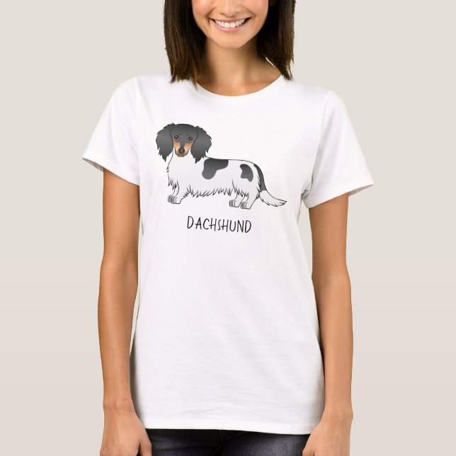 Black and Tan Piebald Long Hair Dackel & Text T-Shirt (Vorderseite)