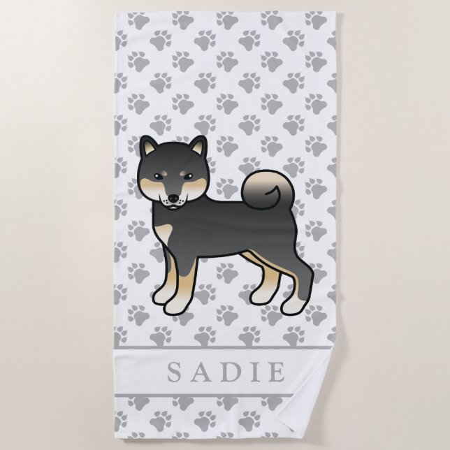 Black and Tan Shiba Inu Cartoon Dog & Name Strandtuch (Vorderseite)