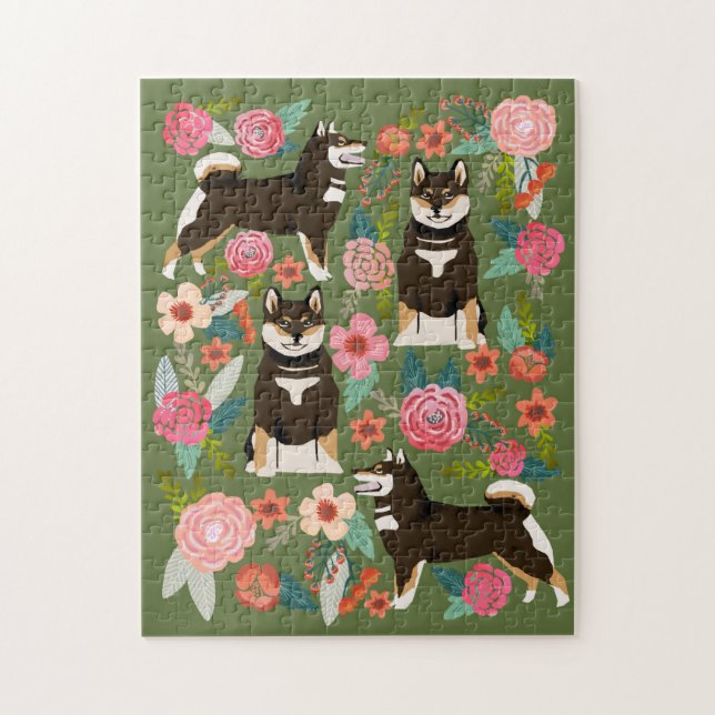 Black and Tan Shiba Inu Florals Puzzle (Vertikal)