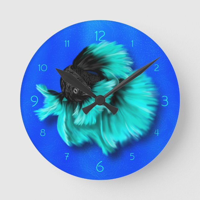 Black and Teal Siamese Fighting Fish Runde Wanduhr (Vorderseite)
