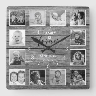 Black And White 12 Photo Collage Family Name Wood  Quadratische Wanduhr