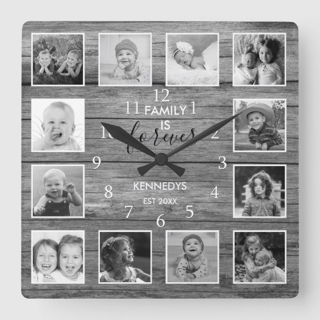Black And White 12 Photo Collage Family Name Wood  Quadratische Wanduhr (Vorderseite)