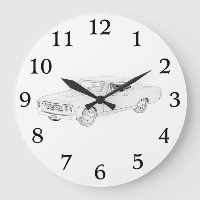 Black and White 1967 Chevy Chevelle Muscle Car Große Wanduhr (Vorderseite)