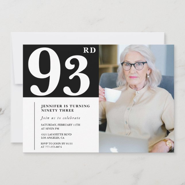 Black and White 93. Geburtstag Einladungen Foto (Vorderseite)