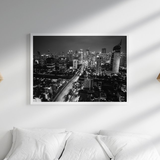 Black and White Aerial City Skyline Night Poster (Black and White Aerial City Skyline Night Poster in a white boho bedroom with pillows.)