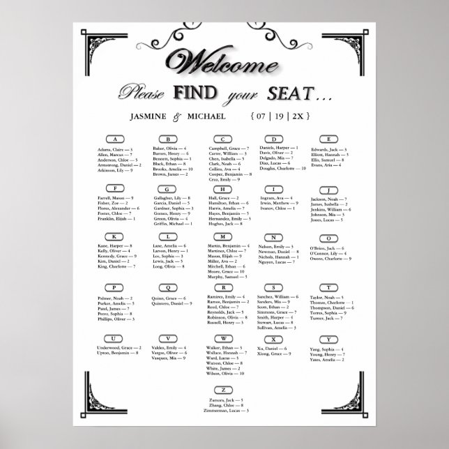 Black and White Alphabetical Wedding Seating Chart Poster (Vorne)