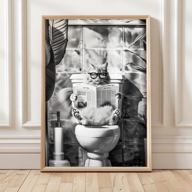 Black and White Bathroom Cat Print, Funny Posters, Poster (Von Creator hochgeladen)