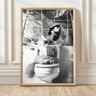Black and White Bathroom Cat Print, Funny Posters, Poster