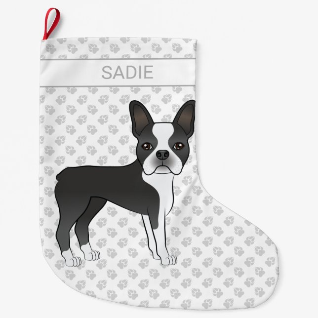 Black and White Boston Terrier Cartoon Dog & Name Großer Weihnachtsstrumpf (Vorderseite)