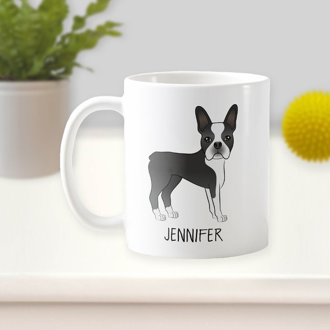 Black and White Boston Terrier Cartoon Dog & Name Kaffeetasse (Von Creator hochgeladen)