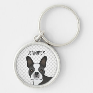 Black and White Boston Terrier Cartoon Dog & Name Schlüsselanhänger