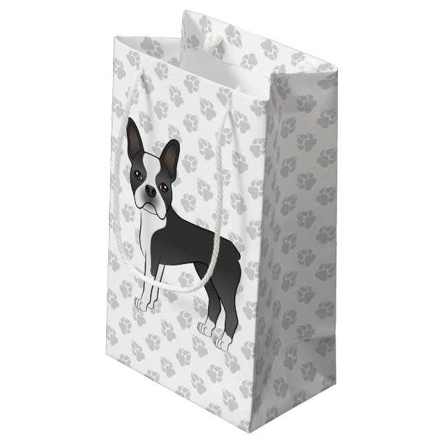 Black and White Boston Terrier Cartoon Dog & Paws Kleine Geschenktüte (Rückseite Schrägansicht)