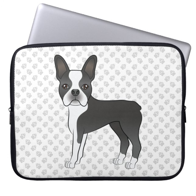 Black and White Boston Terrier Cartoon Dog & Paws Laptopschutzhülle (Vorderseite)