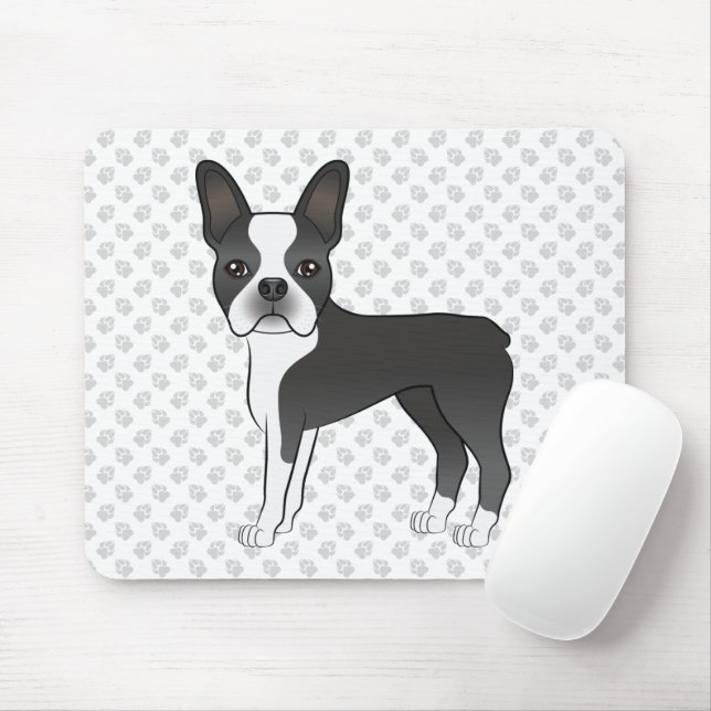 Black and White Boston Terrier Cartoon Dog & Paws Mousepad (Mit Mouse)