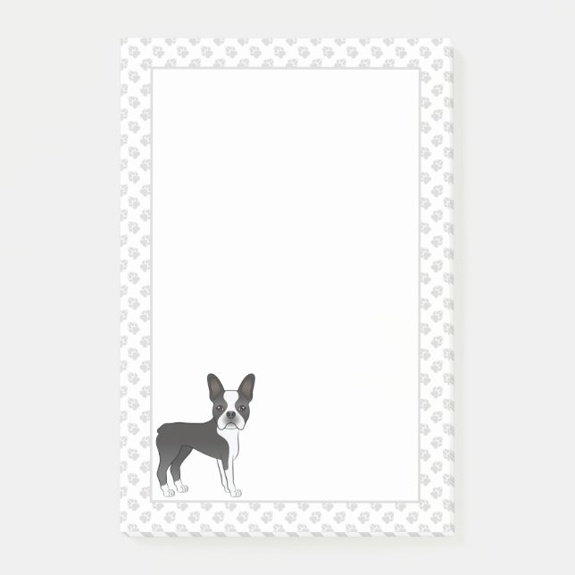 Black and White Boston Terrier Cartoon Dog & Paws Post-it Klebezettel (Vorderseite)