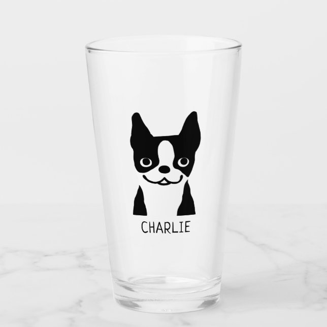 Black and White Boston Terrier Personalisiert Glas (Vorderseite)