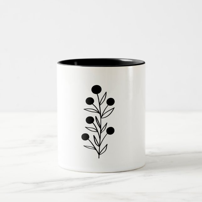 Black and White Botanical Line Art Zweifarbige Tasse (Mittel)