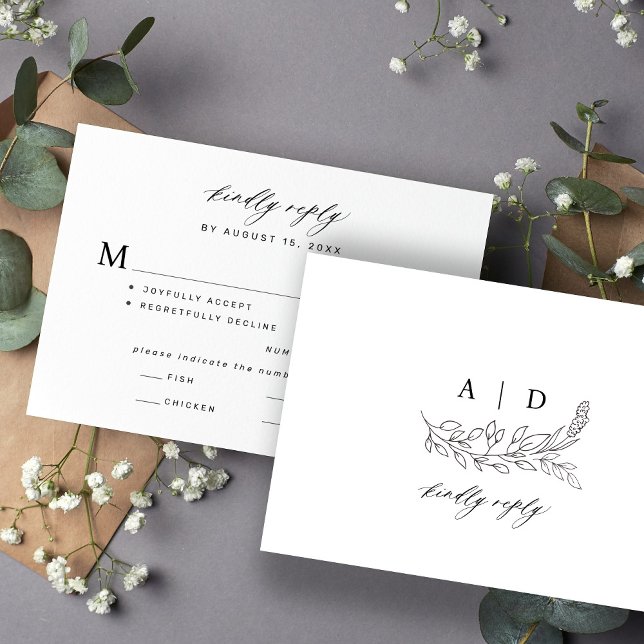 Black and white botanical monogram wedding  RSVP karte (Von Creator hochgeladen)