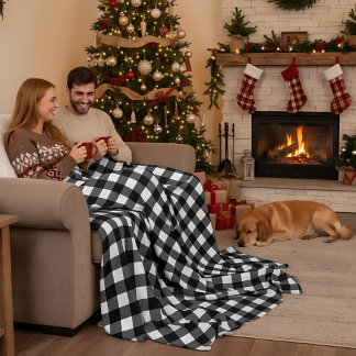 Black and White Buffalo Plaid Christmas Check Fleecedecke
