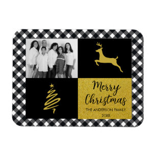 Black and White Buffalo Plaid Gold Holiday Photo Magnet