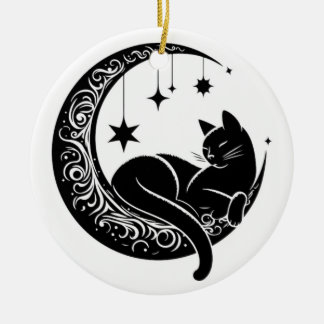 Black and White Cat Moon Window Suncatcher Keramik Ornament