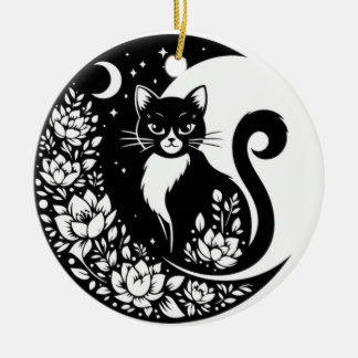 Black and White Cat Moon Window Suncatcher Keramik Ornament