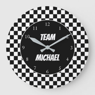 Black and White Checker Flag Racing Personalized  Große Wanduhr