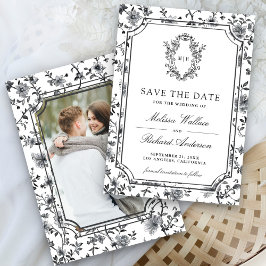 Black and White Chinoiserie Crest Photo Wedding Save The Date