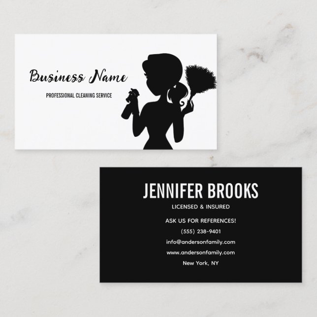 Black and white Cleaning Service Housekeeper Maid Visitenkarte (Vorne/Hinten)