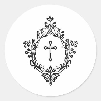 Black and White Cross in Crest Vintage Religious  Runder Aufkleber