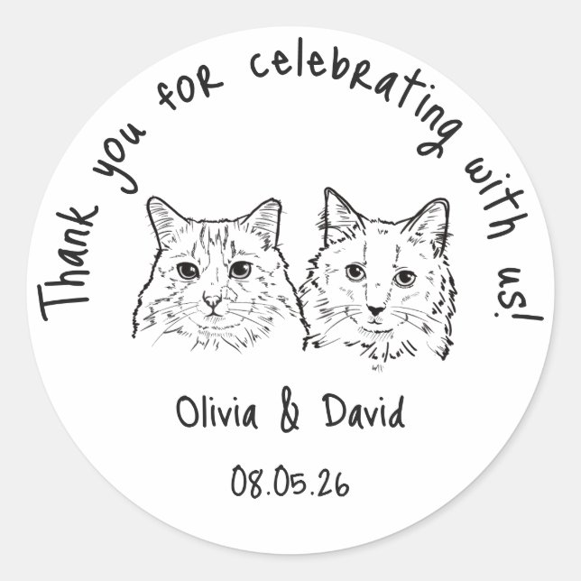 Black and White Cute Cats Wedding Favor Runder Aufkleber (Vorderseite)