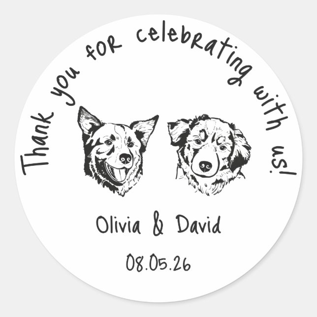 Black and White Cute Dogs Wedding Favor Runder Aufkleber (Vorderseite)