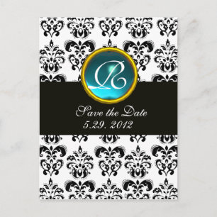 BLACK AND WHITE DAMASK Blue Aquamarine Monogramm Ankündigungspostkarte