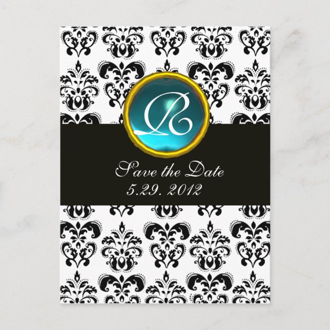 BLACK AND WHITE DAMASK Blue Aquamarine Monogramm Ankündigungspostkarte (Vorderseite)