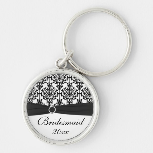 Black and White Damask Bridesmaid Keychain Schlüsselanhänger (Vorne)