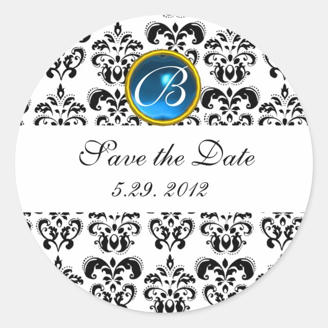 BLACK AND WHITE DAMASK MONOGRAM blauer Saphir Runder Aufkleber (Vorderseite)