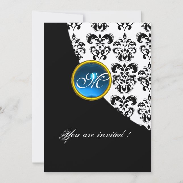 BLACK AND WHITE DAMASK MONOGRAM, blaues Saphigold Einladung (Vorderseite)