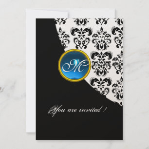 BLACK AND WHITE DAMASK MONOGRAM, blaues Saphigold Einladung