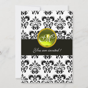 BLACK AND WHITE DAMASK MONOGRAM, gelber Topaz Einladung