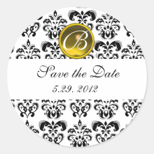 BLACK AND WHITE DAMASK MONOGRAM Gelber Topaz Runder Aufkleber