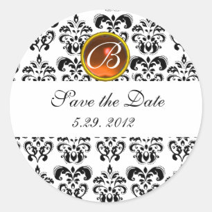 BLACK AND WHITE DAMASK MONOGRAM Gelbes Age Runder Aufkleber