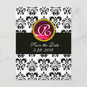 BLACK AND WHITE DAMASK Pink Red Ruby Monogram Ankündigungspostkarte