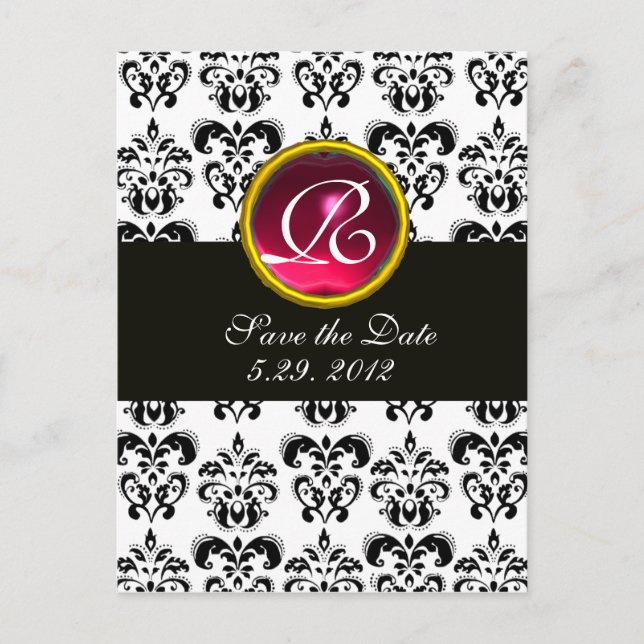 BLACK AND WHITE DAMASK Pink Red Ruby Monogram Ankündigungspostkarte (Vorderseite)