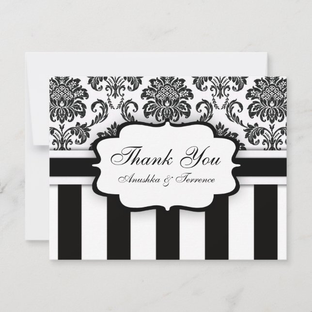 Black and White Damask Stripe Wedding Vielen Dank Dankeskarte (Vorderseite)